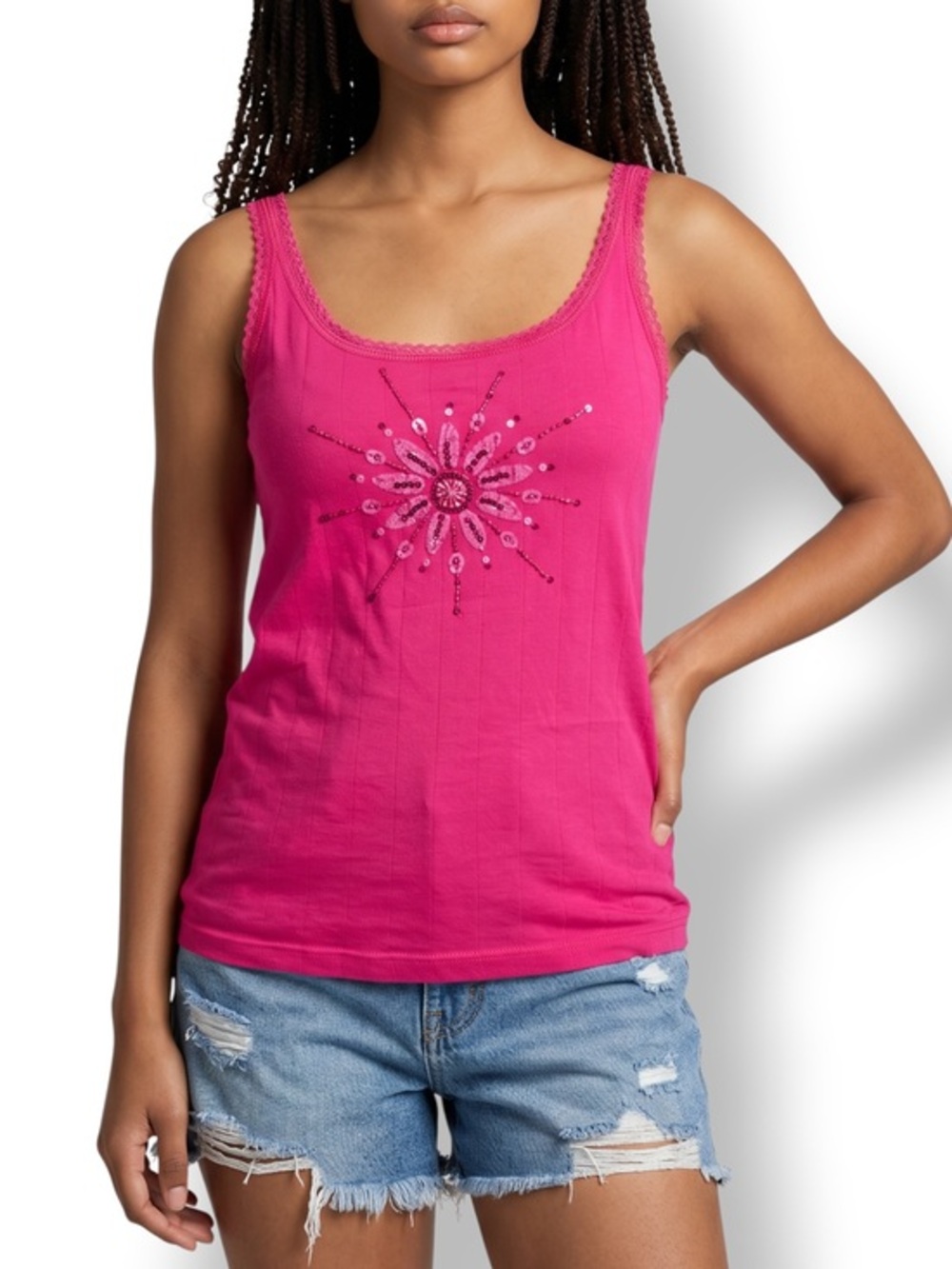 4/$20 Route One Pink Sequin Tank Top Lace Trim Sleeveless Embellished Cami Top